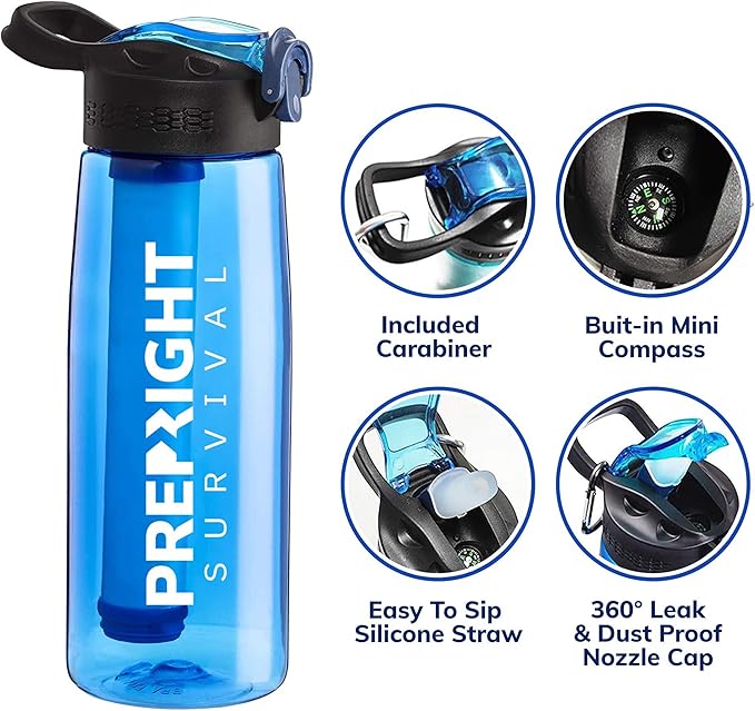Survival – 4-Stage Water Filter Bottle, BPA-Free 22oz Camping Water Bottle with Built-In Compass, Travel and Emergency Preparedness Gear, Blue