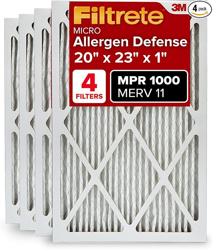 Filtrete 20x23x1 AC Furnace Air Filter, MERV 11, MPR 1000, Micro Allergen Defense, 3-Month Pleated 1-Inch Electrostatic Air Cleaning Filter, 4 Pack
