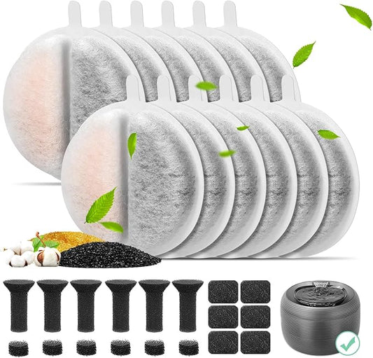 12 Pack Cat Water Fountain Filters for Lite & Premium 2.5L Drinking Fountain, Activated Charcoal and Ion Exchange Resin for Water Filtration, Replacement Filter/Foam/Sponge for 84 fl oz Pet Fountain