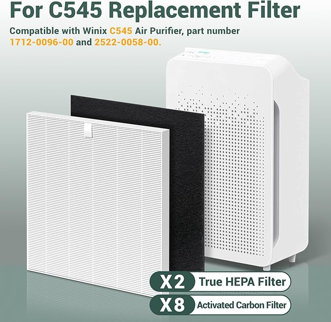 C545 Replacement Filter S Compatible with Winix C545 Air Purifier, Replaces Parts 1712-0096-00 and 2522-0058-00, 2 Pack H13 True HEPA Filter + 8 Activated Carbon Filters