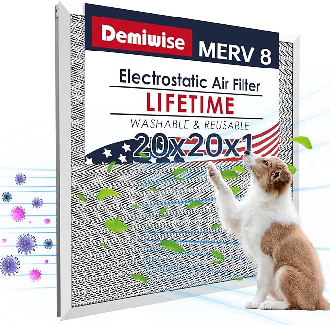 20x20x1 Air Filter for Home, MERV 8 Reusable Electrostatic Aluminum AC/HVAC Furnace Filter, Washable Permanent Air Filter, Easy to Clean, Healthier Home/Office(Actual Size:19.75x19.75x0.82)