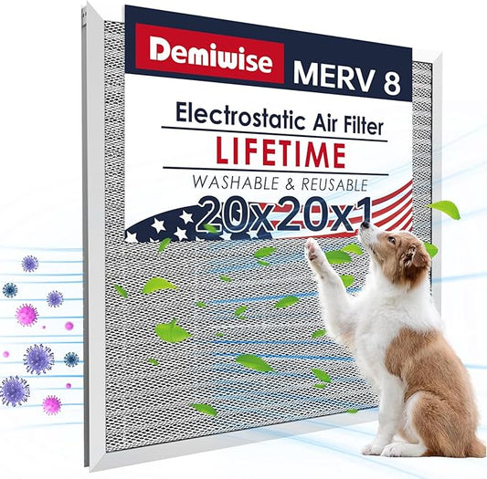 20x20x1 Air Filter for Home, MERV 8 Reusable Electrostatic Aluminum AC/HVAC Furnace Filter, Washable Permanent Air Filter, Easy to Clean, Healthier Home/Office(Actual Size:19.75x19.75x0.82)