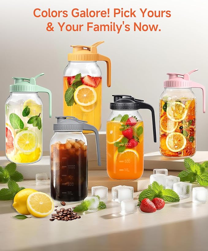 2 Quart Wide Mouth Glass Pitcher with Lid, 64oz Mason Jar Pitcher, Leak-proof Iced Tea Pitcher,Heavy Duty Container for Fridge Sweet Tea,Juice,Cold Brew Coffee,Breastmilk Storage Drinks-1PACK/Pink