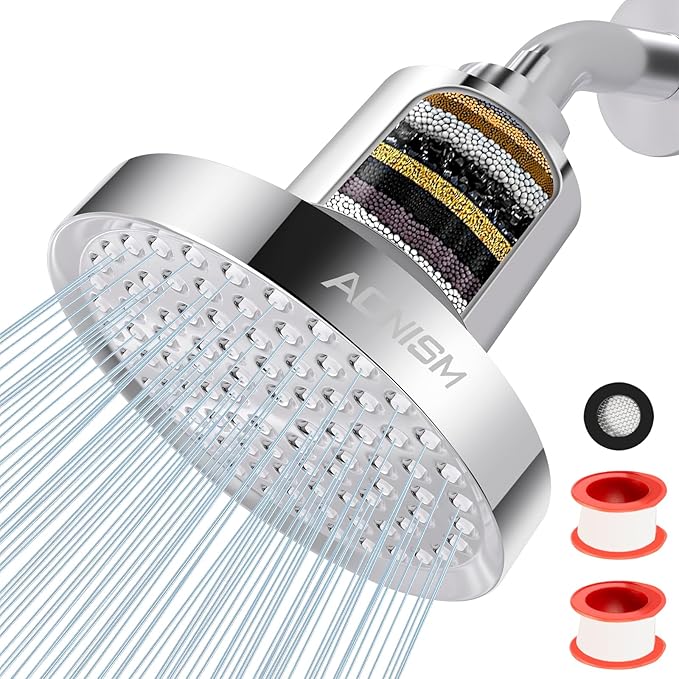ACNISM Filtered Shower Head - 6” High Pressure Shower Head, Fixed One-Piece, Angle Adjustable with 20-Stage Filter - Softens Hard Water Removes Chlorine, Improves Hair and Skin Problems(Silver)