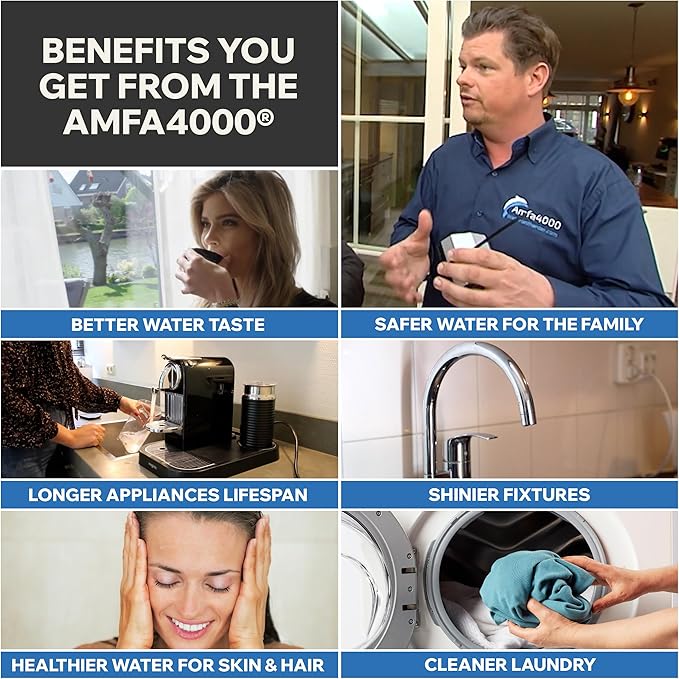 Amfa4000® Magnetic Salt-Free Whole House Water Softener System - 20000 G 5Fz, Hard Water Descaler, Compact Water Softener, Hard Water Conditioner for Whole House