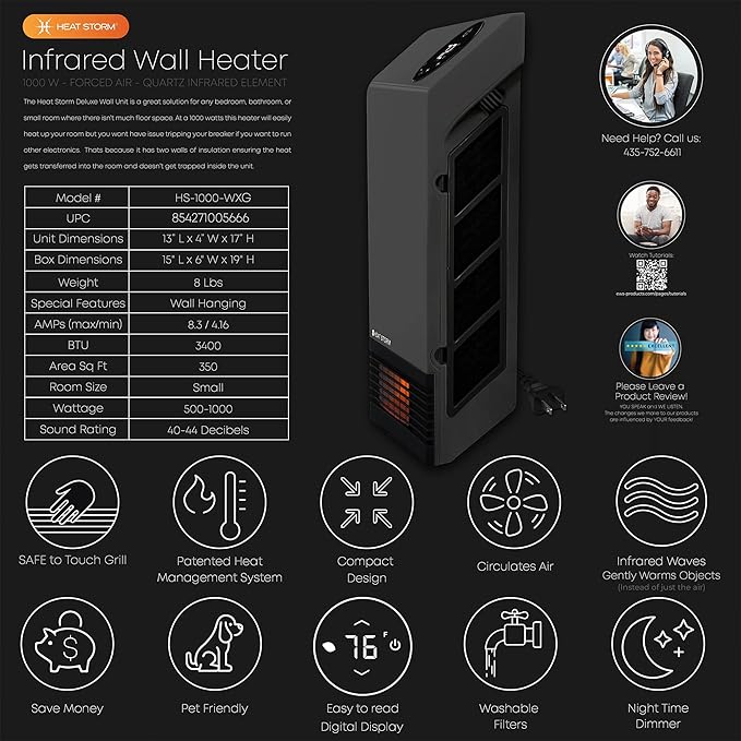 Heat Storm Wall Gray HS-1000-WX Deluxe Indoor Infrared Space Saving-1000 Watts-Remote Control-Home & Office Heater-Safe to Touch Grill, 13x4x17