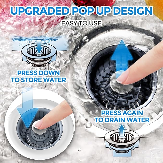 zaa 2 Pack 3 in1 Kitchen Sink Drain Strainer & Sink Stopper, Pop Up Stainless Steel Kitchen Drain Plug & Cover with Anti-Clogging Basket Strainer, Fit US Standard 3-1/2'' Drain Hole