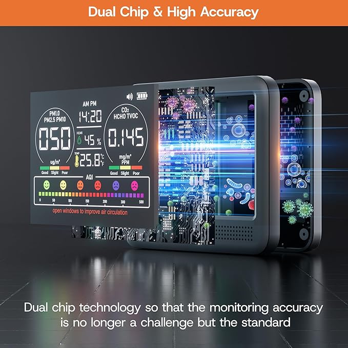 16-in-1 Indoor Air Quality Monitor with PM1.0,PM2.5,PM10,CO2,HCHO,TVOC,Temperature,Humidity,Time Display &7 AQI Alarms – Professional Air Quality Tester for Home, Office & Indoor Use (Jet Black)