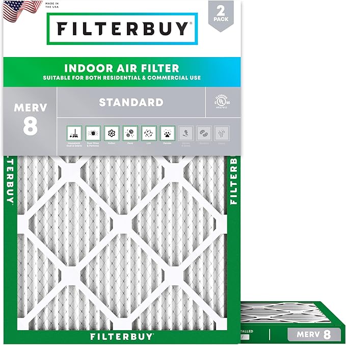 Filterbuy 22.25x25x1 Air Filter MERV 8 (MPR 700) Dust Defense Replacement (2-Pack), Electrostatic Pleated HVAC AC Furnace Filters, Made in USA (Actual Size: 22.25 x 25.00 x 0.75)