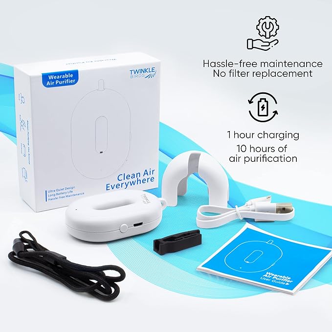 Wearable Air Purifier Necklace - Portable Personal Ionizer - Rechargeable Travel-Size Air Cleaner - Removes Dust Allergen Odor Viruses Bacteria - Use in Office Airplane Train Bus - For Kids and Family