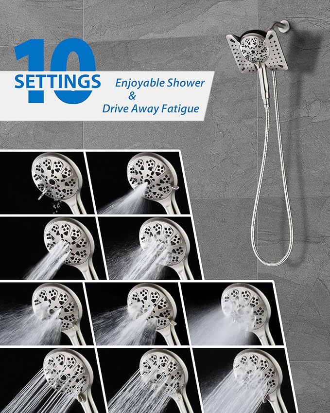 2.5GPM Shower Heads with Handheld Spray Combo: 7.5 Inch Rainfall Shower Head & 10 Spray Settings Detachable Shower Head, Adjustable Dual Showerhead with Hose, Nickel