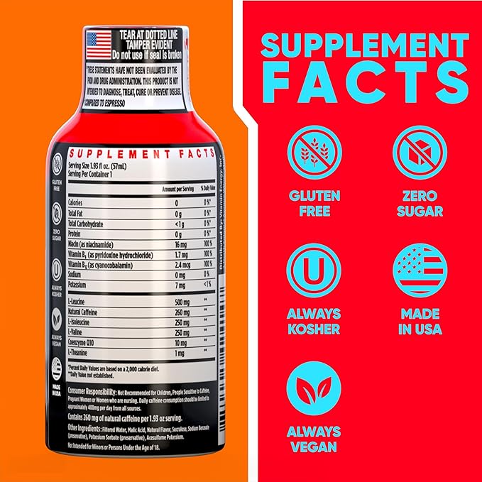 Vitamin Energy Focus+ Extra Strength Energy Shot Mango 12 Pack, 260mg Natural Caffeine, B-Vitamins, CoQ10, Amino Acids, Focus, Productivity & Clarity, Zero Sugar, Gluten-Free, 1.93 fl oz