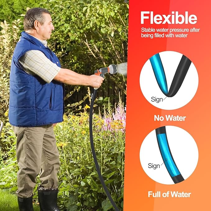 Garden Water Hose 25 ft x 3/4 in Heavy Duty, Flexible and Lightweight, Burst 600 psi, Kink-less Hybrid Rubber Pipe for Backyard, 3/4'' Brass Fittings, Black