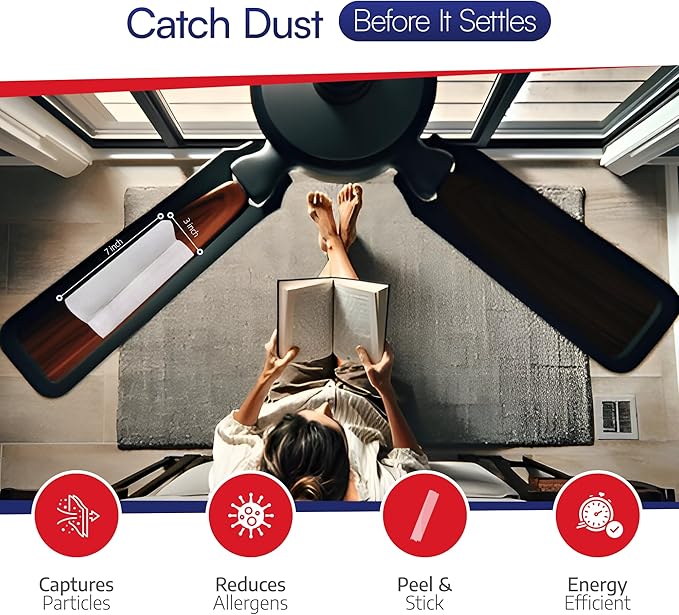 BioStrike Ceiling Fan Air Filters for Blades - Dust & Allergen Catcher - Peel & Stick, Universal Fit - Fan Blade Filter Air Purifier Pads - Made in USA - 1 Pack (Includes 2 Filters)