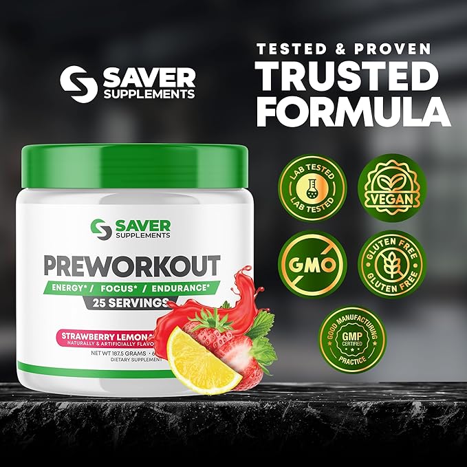 Pre Workout Powder with Beta Alanine, Creatine Monohydrate, BCAA, L Citrulline, L Arginine and Caffeine - Strawberry Lemonade Flavor - 25 Servings