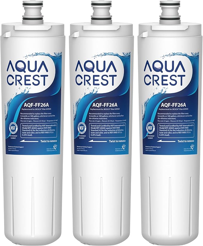AQUA CREST Replacement 640565 Refrigerator Water Filter, Compatible with Bosch 640565, EVOLFLTR10 AP3961137, 3M Cuno CS-52, Whirlpool WHKF-R-PLUS, Pack of 3
