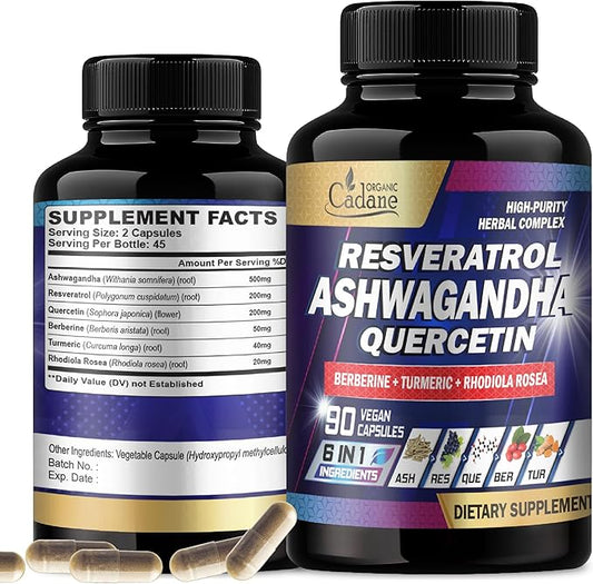 Organic Cadane Ashwagandha Supplements - 6 Premium Ingredients with Resveratrol, Quercetin, Berberine, Turmeric, Rhodiola Rosea - 90 Extract Capsules