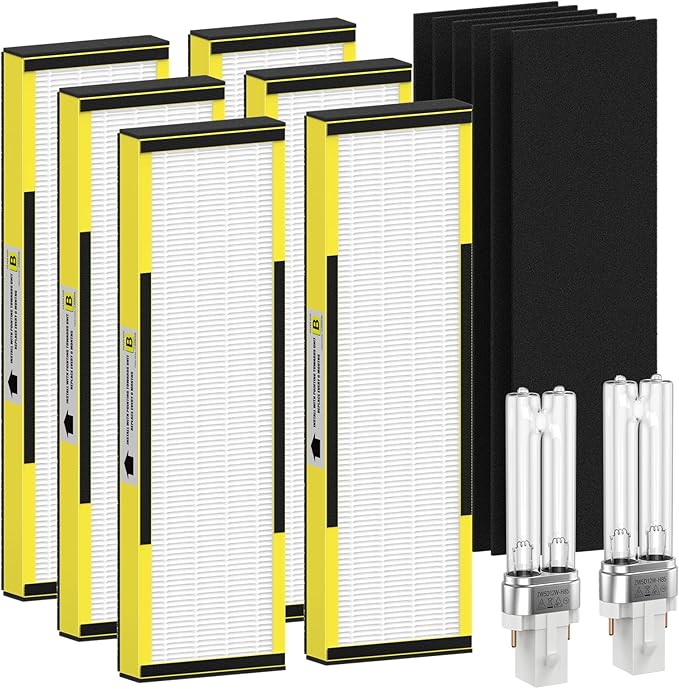 6 Packs FLT4825 HEPA Replacement Filter B & 2 Replacement Bulb Compatible with AC4825 AC4300 AC4800 AC4900 AC4850, Part No# FLT4825, LB4000