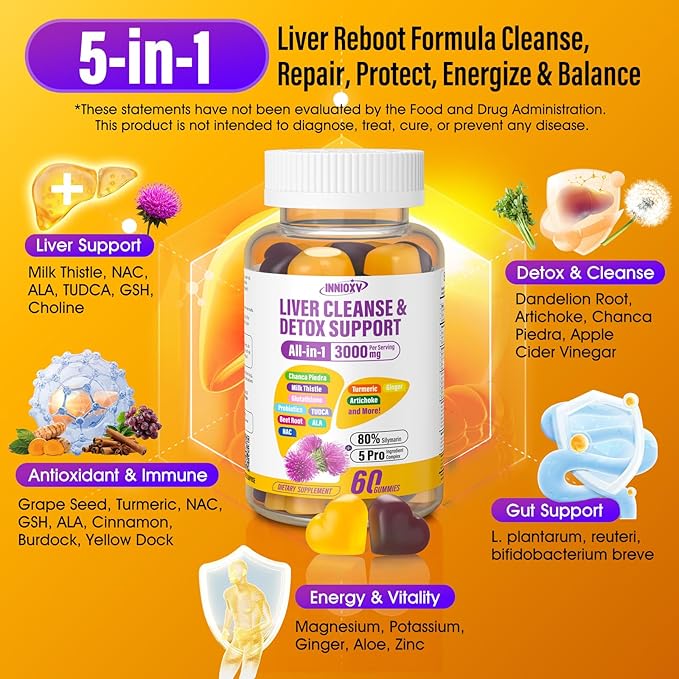 Liver Cleanse Detox & Repair Gummies - 29-in-1 1500mg Milk Thistle Supplement with Beetroot Dandelion Artichoke, Vegan Gummy with NAC TUDCA Vitamins Supports Immune, Boosts Energy, Gut Health, 60 ct