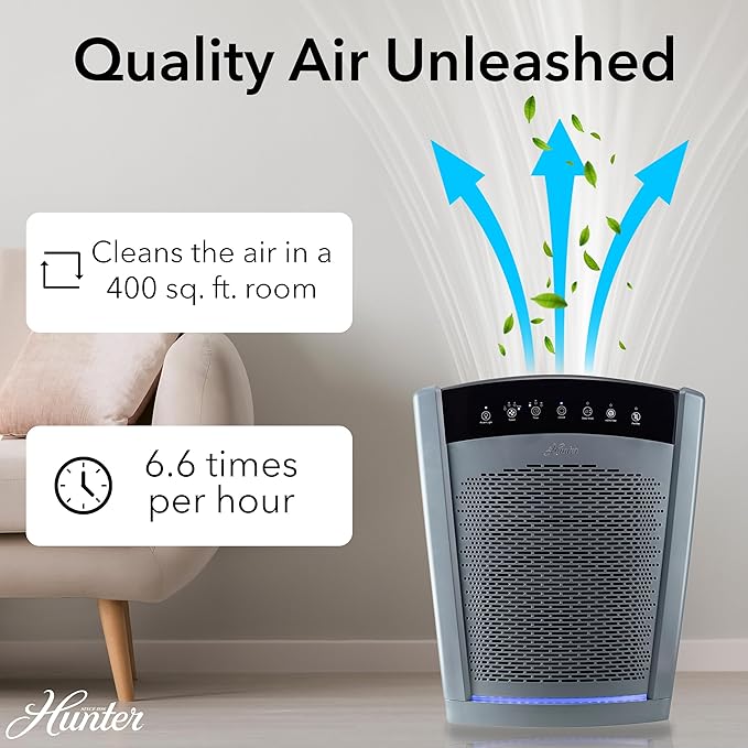 Hunter HP800 Air Purifiers for Home Large Room and Bedroom. True HEPA Air Purifier for Pets, Odors, Allergens, Smoke, Dust, VOC's. Value Bundle w/Extra Filter. Cleans 2585 Ft² per hour. White