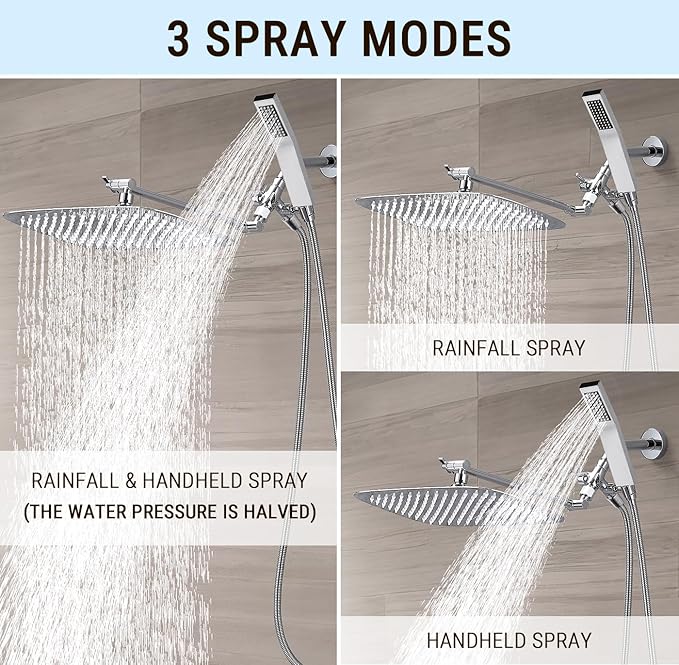 G-Promise All Metal 14 Inch Dual Square Shower Head with Handheld Spray Combo, Rain Shower Head, Adjustable Extension Arm, 3-Way Diverter, 71 Inch Extra Long Hose - A Bathroom Upgrade (Chrome)