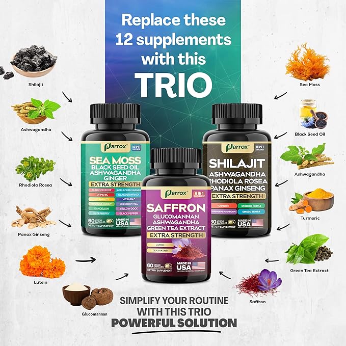 Vision Vitality Trio - Sea Moss, Black Seed Oil, Ashwagandha, Burdock Root, Saffron, Lutein, Zeaxanthin, Glucomannan, Green Tea Extract, Panax Ginseng, Ginkgo Biloba, Rhodiola Rosea, Turmeric