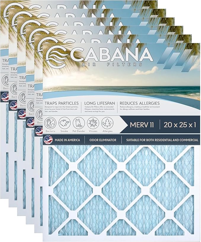 Cabana Filters 20x25x1 AC Furnace Air Filter, Merv 11 Capture Unwanted Particles, Pleated Furnace Filter HVAC AC Filters - Made in the USA - 6 Pack