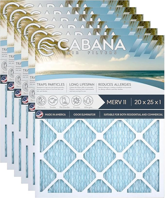 Cabana Filters 20x25x1 AC Furnace Air Filter, Merv 11 Capture Unwanted Particles, Pleated Furnace Filter HVAC AC Filters - Made in the USA - 6 Pack