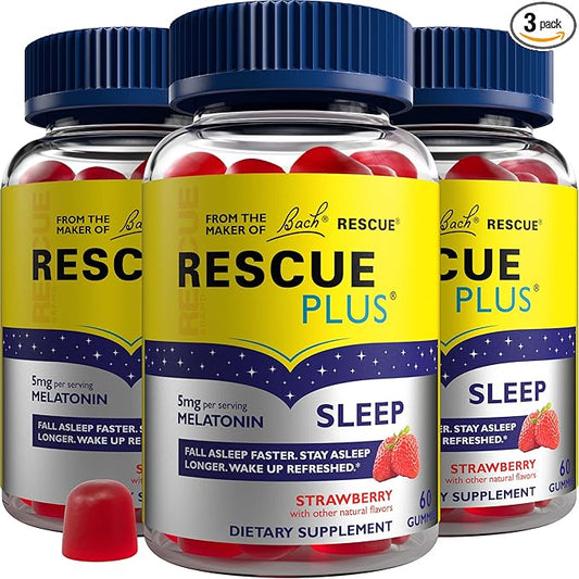 Bach RESCUE PLUS Melatonin Sleep Gummies, Natural Strawberry Flavor, Sleep Aid, Dietary Supplement, Vegan, Gluten-Free, No Artificial Flavors, Colors or Sweeteners, 3 Pack, 180 Count Total