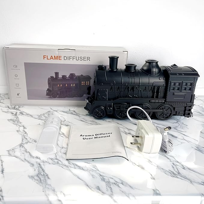 OMEO Black Small Train Aromatherapy Humidifier & Essential Oil Diffuser - Dual Mist, Quiet Ultrasonic, 300ML Tank, Remote Control, LED Light, Air Purifier for Home, Office, and Bedroom Use