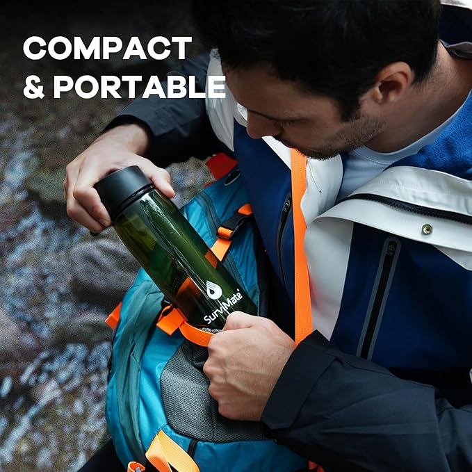 Survimate 5-Stage 0.01μm Ultra-Filtration Filtered Water Bottle, BPA-Free Material, NSF/ANSI 42&372 Certified, Portable Water Filter Bottle for Survival, Camping, Hiking, and Emergency Use