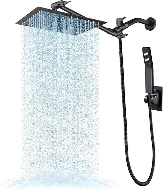 All Metal Rain Shower Heads with Handheld Spray Combo, High Pressure Square 10'' Shower Head with 11'' Extension Arm, Black Shower Head with 78'' Anti-leak Hose, Dual 2 in 1 Waterfall Showerhead
