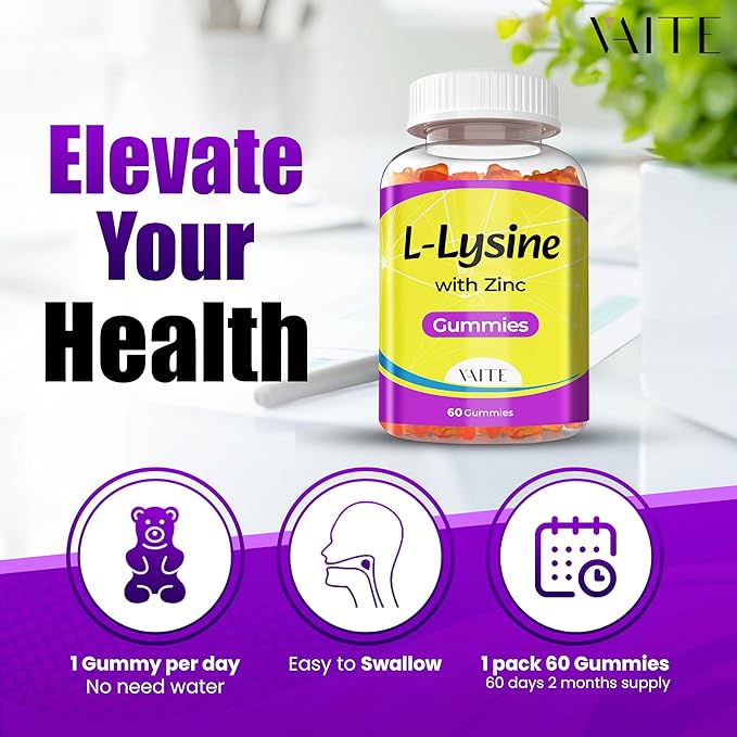 L Lysine Gummies 1000mg with Zinc - Supports Skin, Lip, Vegan, Gluten Free, 60 Chewable L-Lysine for Adults, Vitamins Tissue Health & Immune System, Amino Acid & Complex Supplements, Non-GMO(2Pack)