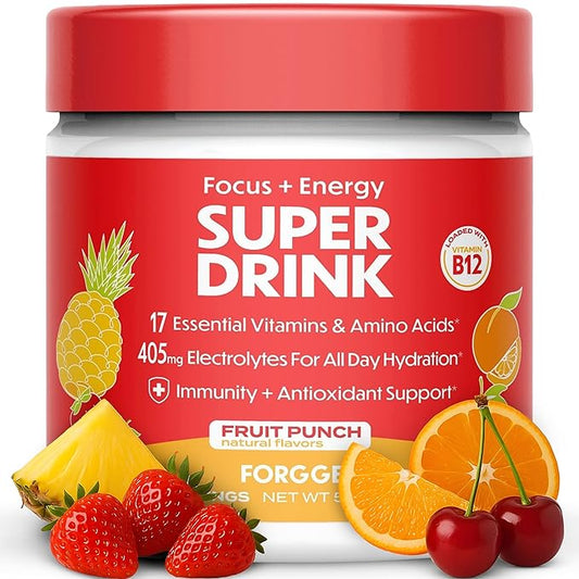 Forgge Healthy Energy Drink Powder Mix - Clean Caffeine + B12, B6, C & D Vitamins - Sugar Free Energy Drink Powder with Electrolytes, Amino Acids, Antioxidants, Lions Mane - Vegan, Keto-Friendly - 30 SVG, Fruit Punch