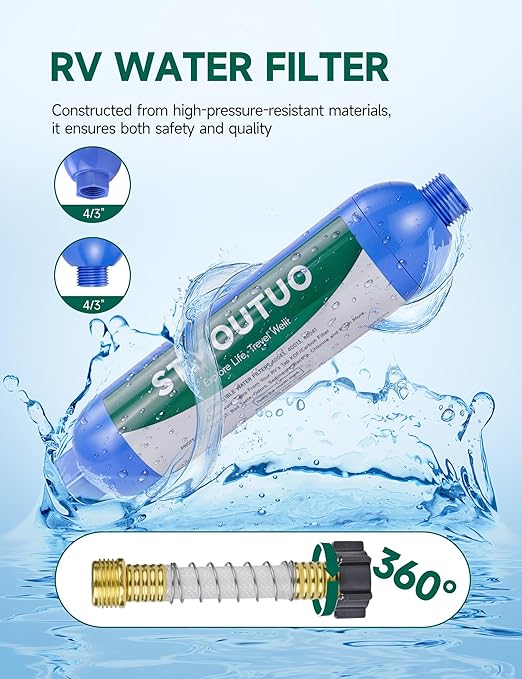 RV Water Filter with Flexible Hose Protector - Greatly Reduces Bad Taste, Chlorine, Odor, Rust & Sediment - Inline Water Hose Filter for RV Camper, Boat, Garden & Pool - 2 Pack