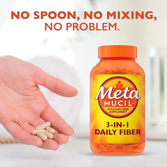 Metamucil, Fiber Capsules, 3-in-1 Psyllium Husk Fiber, 300 Capsules, Daily Fiber Supplement, Help support digestive health*, heart health by lowering cholesterol†, and healthy blood sugar levels*.
