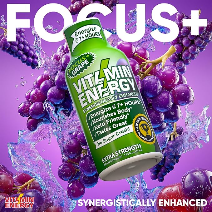 Vitamin Energy Focus+ Extra Strength Energy Shot Grape 48 Pack, 260mg Natural Caffeine, B-Vitamins, CoQ10, Amino Acids, Focus, Productivity & Clarity, Zero Sugar, Gluten-Free, 1.93 fl oz