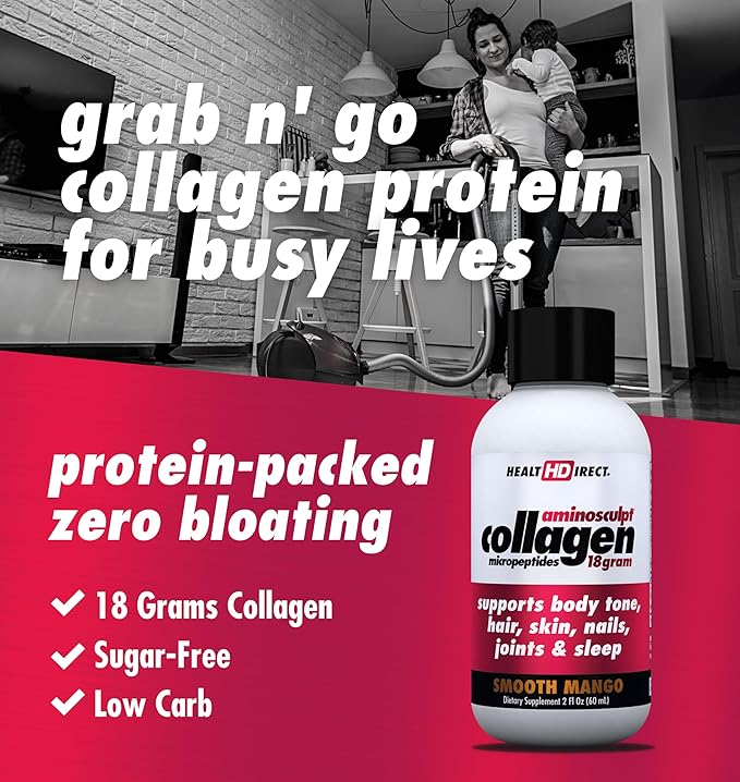 HEALTH DIRECT – Medical-Grade Liquid Collagen Shots – AminoSculpt Sugar-Free – Smooth Mango – 12 Servings, (12pk, 2oz Shots) – Good for Joints, Bones, & Sleep – Better Hair, Skin & Nails