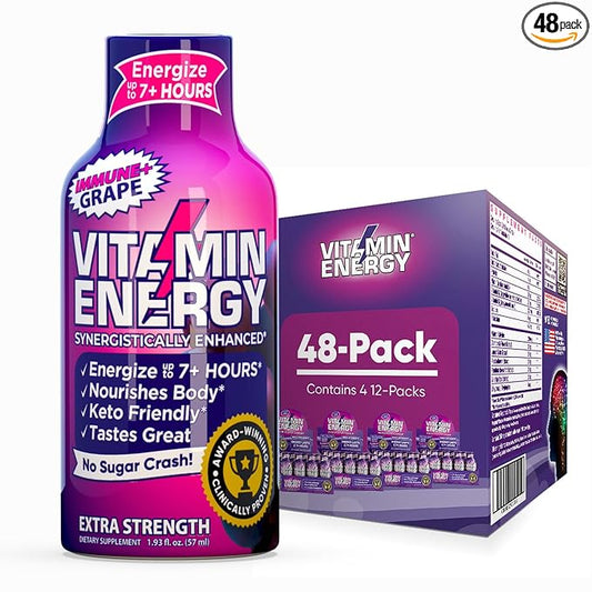 Vitamin Energy Immune+ Extra Strength Energy Shot Grape 48 Pack, 260mg Natural Caffeine, B-Vitamins, Citicoline, Green Tea, Immunity & Focus Support, Zero Sugar, Gluten-Free 1.93 fl oz