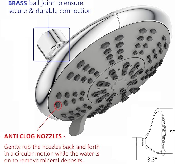 5-Inch Anti-Clog High Pressure 3-Way LARGE Dual Shower Head with Handheld Spray - 5-Spray Setting/BRASS CONNECTOR/5 Ft Stainless Steel Hose/All Chrome (SS5450CCP)