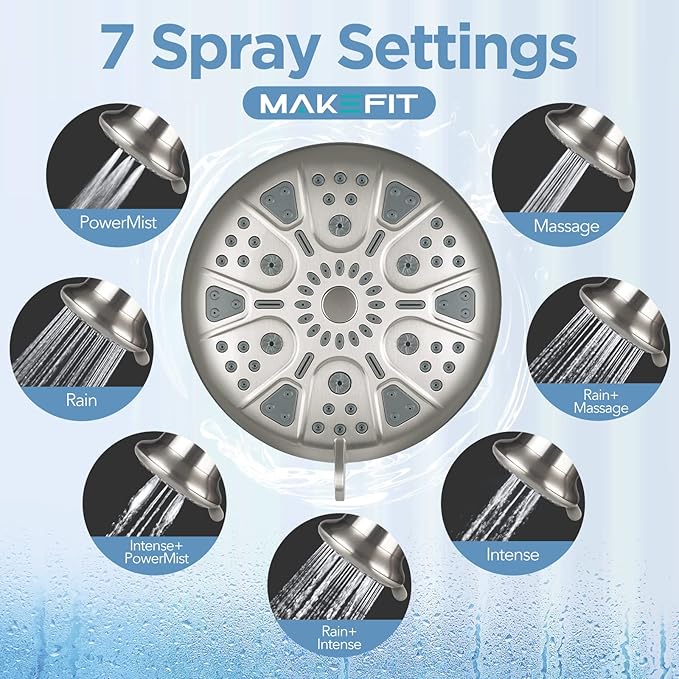 Filtered Shower Head Brushed Nickel - High Pressure Shower Head with Filter for Hard Water Softener - 7 Settings Bathroom Rain Showerhead to Remove Chlorine and Heavy Metals