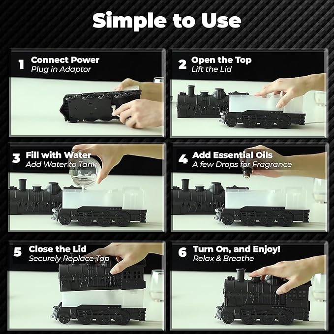 OMEO Black Small Train Aromatherapy Humidifier & Essential Oil Diffuser - Dual Mist, Quiet Ultrasonic, 300ML Tank, Remote Control, LED Light, Air Purifier for Home, Office, and Bedroom Use