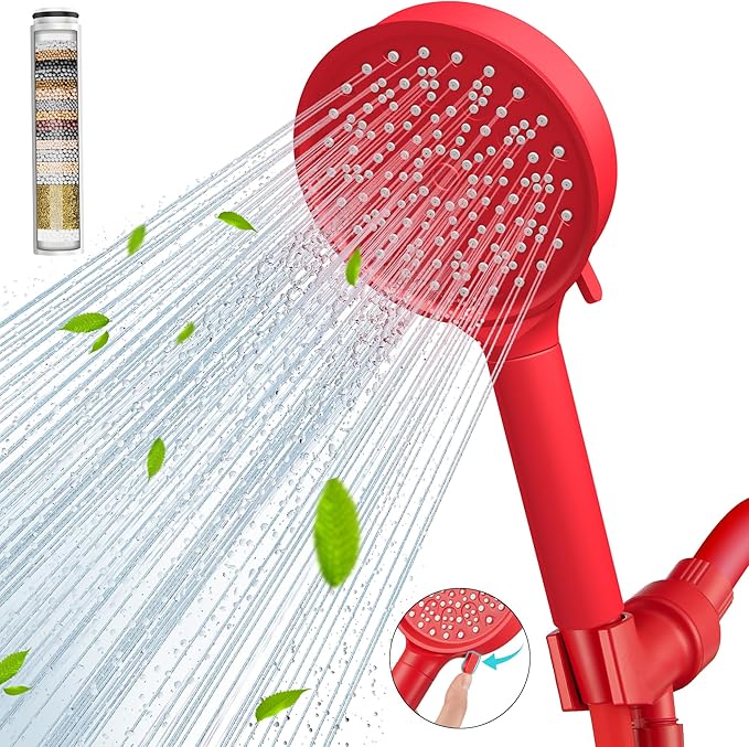 Cobbe Filtered Shower Head with Handheld, High Pressure 6 Spray Mode Showerhead with Filters, Water Softener Filters Beads for Hard Water - Remove Chlorine - Reduces Dry Itchy Skin, Red