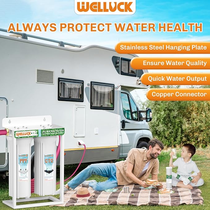 WELLUCK External RV Dual Water Filter System Reduce Chlorine and Odor, Camping Water Filter with mounting Bracket and Leak-Proof Brass Fittings for RVs Camping Trailer Motorhome Boat Marine Drinking