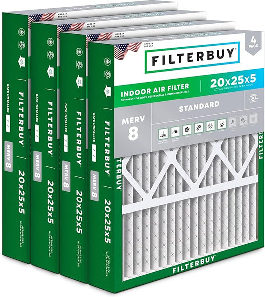 Filterbuy 20x25x5 Air Filter MERV 8 (MPR 700) Dust Defense (4-Pack), Pleated HVAC AC Furnace Filters for Honeywell FC100A1037, Lennox X6673, Carrier, & More (Actual Size: 19.88 x 24.75 x 4.38)