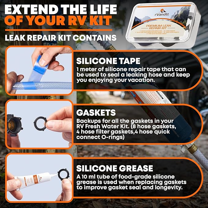 RV Fresh Water Kit - RV Water Pressure Regulator, Inline Water Filter, Hose Splitter, Brass Elbow, Flexible Connector, Hose Quick Connects, Leak Repair Kit, and Carrying Case
