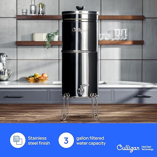 Culligan with MaxClear Technology 3 Gallon Gravity Water Filter System, Brushed Countertop Ceramic Water Filter NSF/ANSI Certified to Reduce Lead, Microplastics & Total PFAS, with 1 Filter