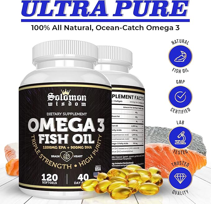 SOLOMON WISDOM Omega 3 Fish Oil - Dietary Supplement for Healthy Heart & Brain - 120 Soft Gel Capsules with High EPA 1200mg & DHA 900mg - Burpless, Odorless with Natural Lemon Flavor