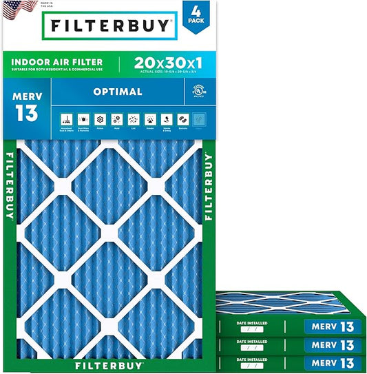 Filterbuy 20x30x1 Air Filter MERV 13 (MPR 1900) Health Defense Replacement (4-Pack), Electrostatic Pleated HVAC AC Furnace Filters, Made in USA (Actual Size: 19.63 x 29.63 x 0.75)