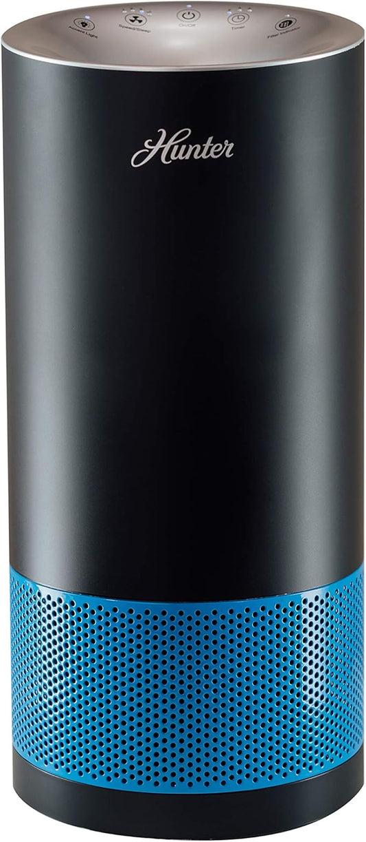 Hunter Fan Company HP400 Round Tower Air Purifier for Small Rooms, Featuring True HEPA Filtration and EcoSilver® Pre-Filter for Allergy and Asthma Relief, Black and Blue